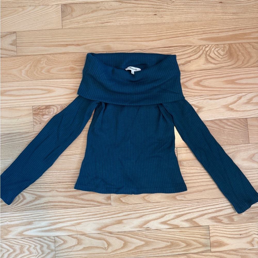 Madewell Ribbed Knit Off Shoulder Teal Blue Top Size Small